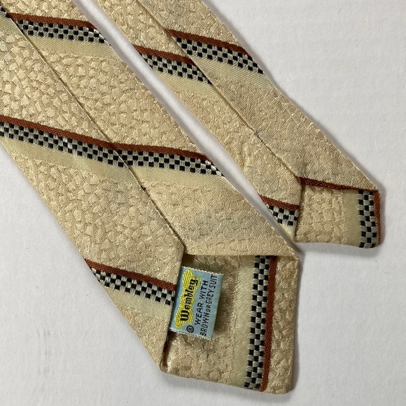 VNTG Wembley Men’s Skinny Tie yellow, brown, black & white checkerboard stripe - Picture 4 of 6